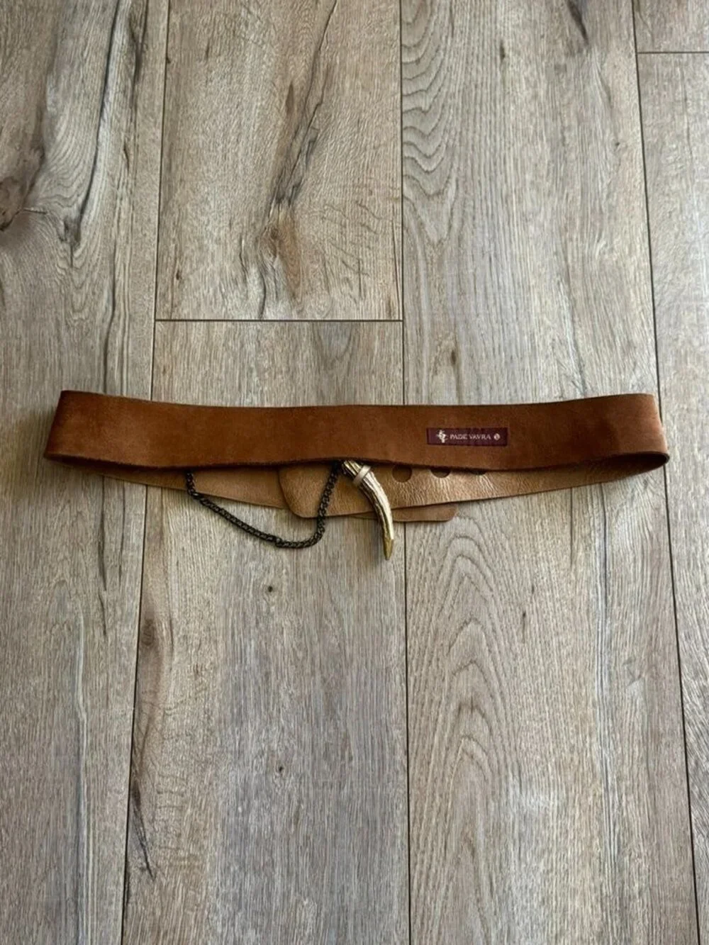 Rare PADE VAVRA Brown Leather Gold Cast Antler Chain Closure Crossover Hip Belt